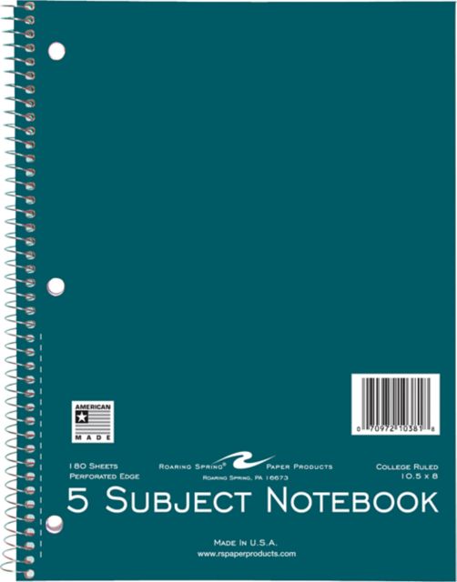 NOTEBK 10.5x8 180SH 5SUB W/B